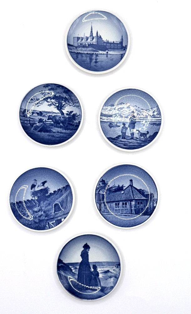 Royal Copenhagen Fajance Mini Plates Butter Pats Coasters Set of 6 Blue White