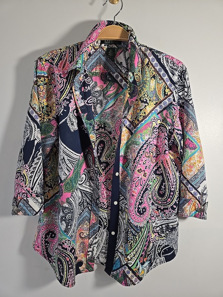 Lauren Ralph Lauren Paisley Button Down Shirt Blouse Size M 3/4 Sleeve