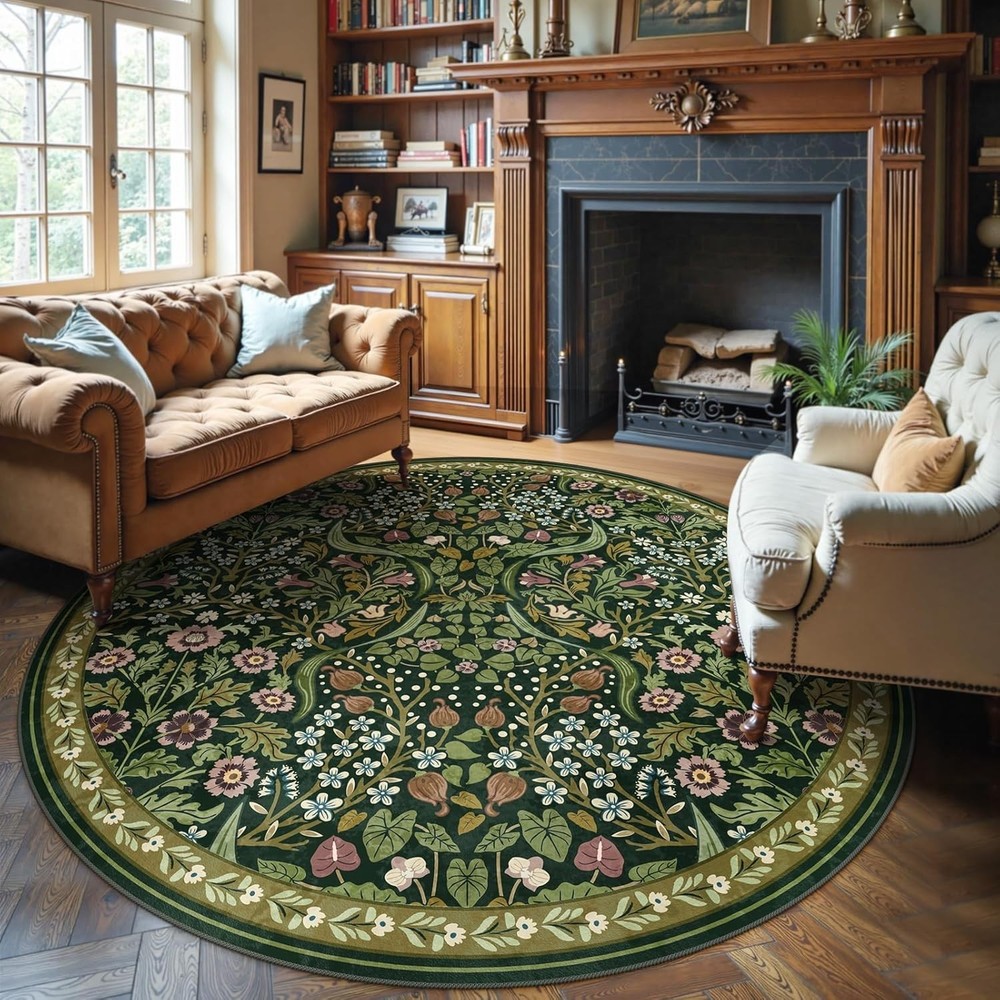 Floral Round Rugs 6ft Boho Green Round Living Room Area Rug Washable Large Soft