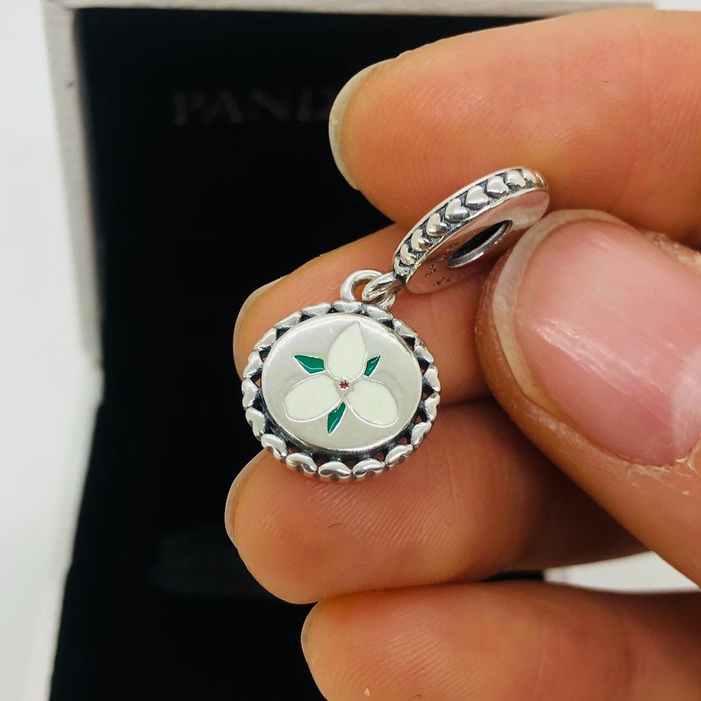 Pandora Trillium White Green Enamel Dangle Charm S925 Sterling Silver Jewelry