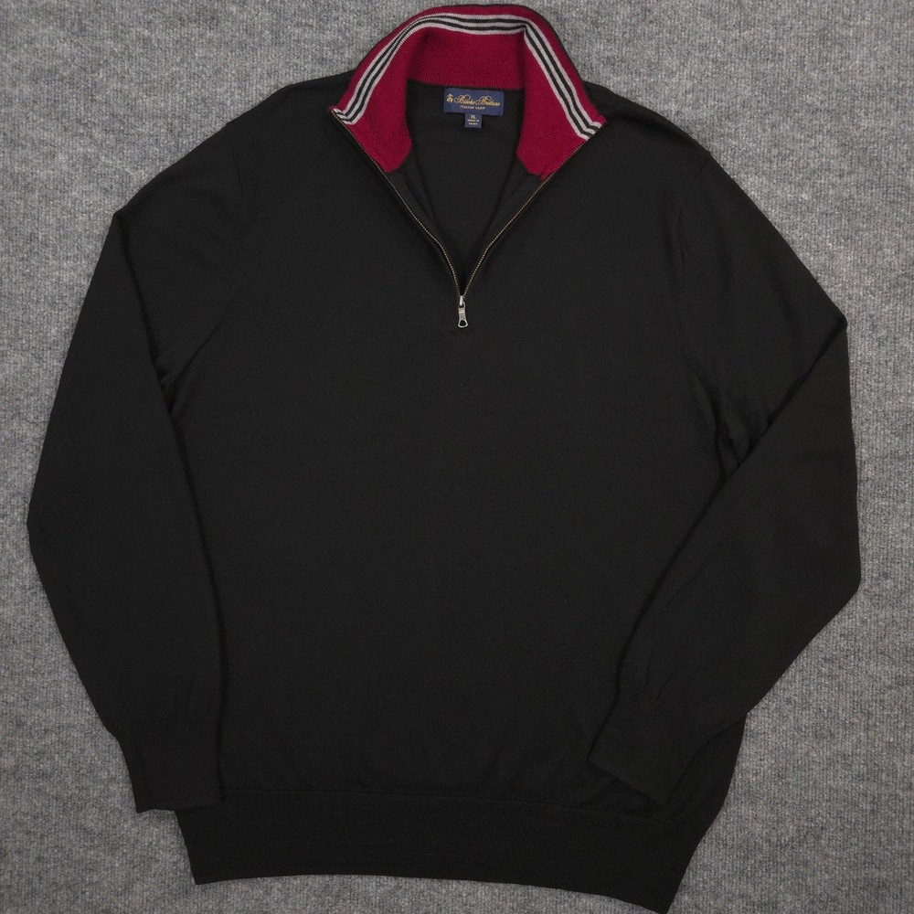 Brooks Brothers 1/4 Zip Sweater Mens XL Black Merino Wool Pullover Preppy Casual