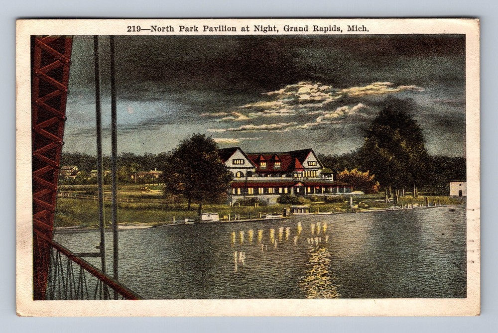 Grand Rapids MI-Michigan North Park Pavilion At Night Vintage c1921 Postcard