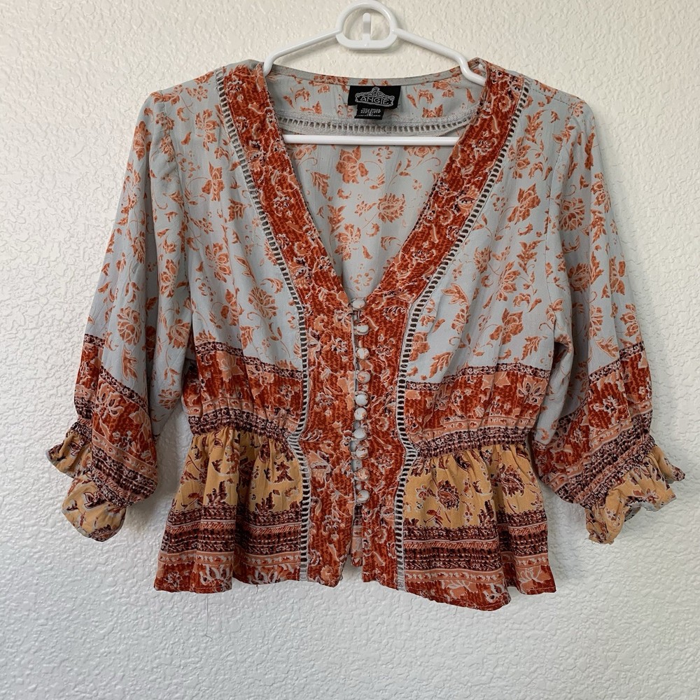 Angie Women's Floral Button 3/4 Sleeve V-Neck Blouse 100% Rayon Size S