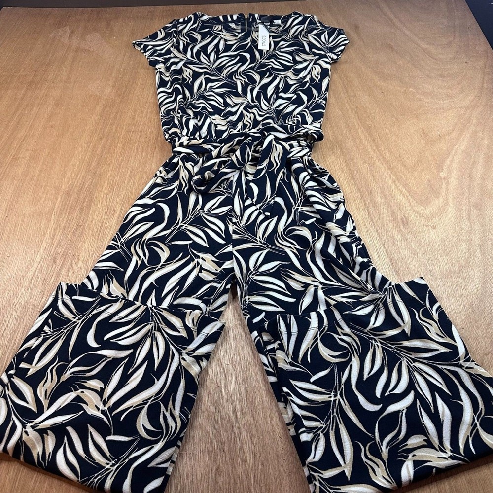 Chico's Travelers NWT Jumpsuit Size 0 Black Tan Leaf Print Wide Leg Belted