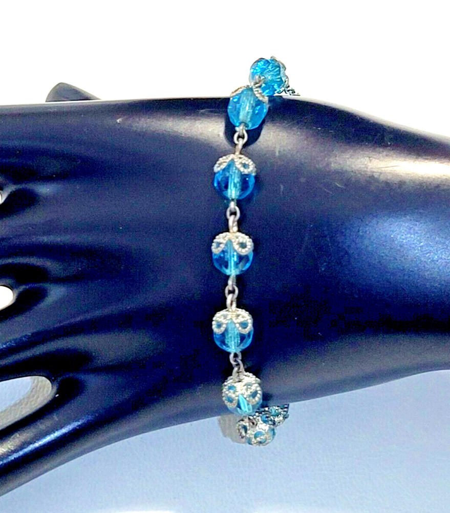 Vintage 925 Sterling Silver Aqua Crystal Bead Miraculous Medal Bracelet 7