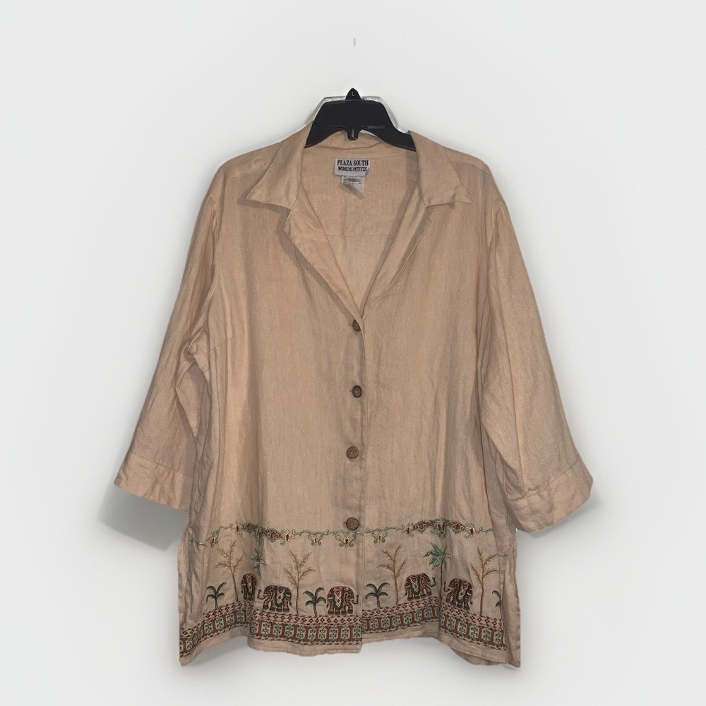 Plaza South Petite Linen Blouse 22WP Elephant Embroidered Button Boho Safari Tan