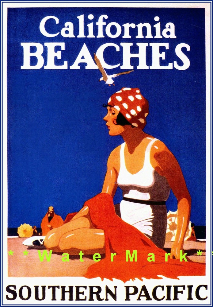 Vintage 1923 Southern Pacific RR California Beaches Retro Art Poster Print