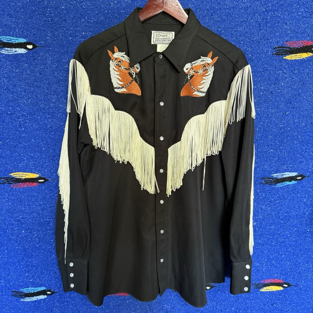 H Bar C Western Shirt Mens Black Fringe Embroidered Cowboy USA Vintage Style