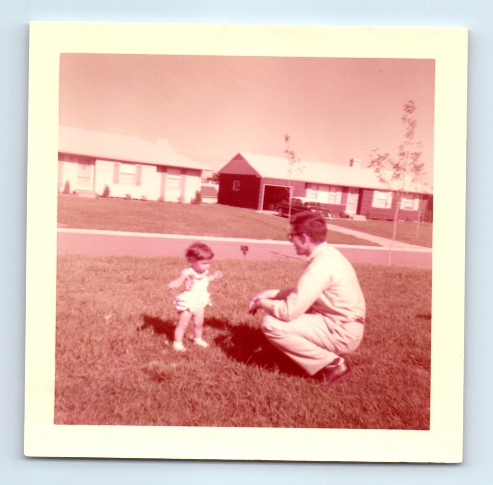Old Vintage Square Color Photo MAN AND TODDLER GIRL IN YARD HOUSE SNAPSHOT