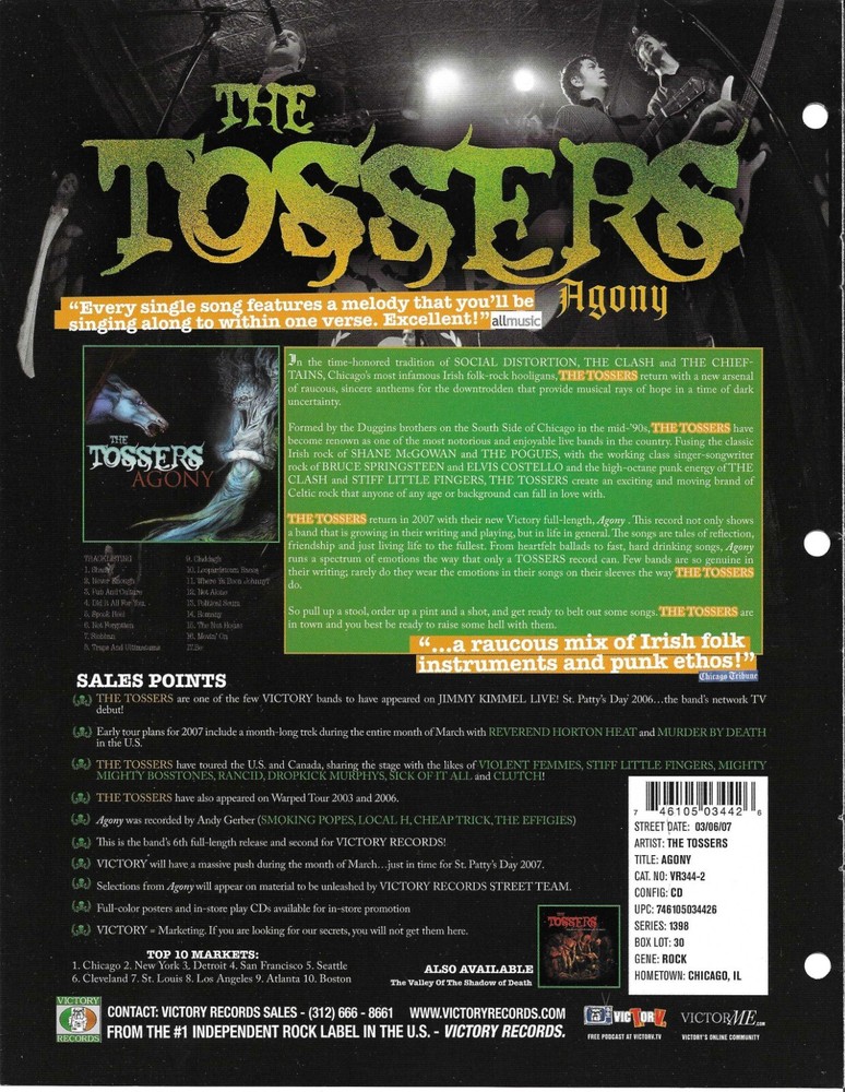 THE TOSSERS Rare VINTAGE 2007 PROMO TRADE AD Poster For Agony 8.5x11 MINT