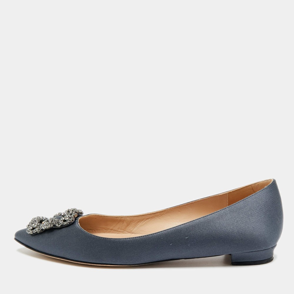 Manolo Blahnik Hangisi Size 38 Grey Satin Crystal Embellished Ballet Flats