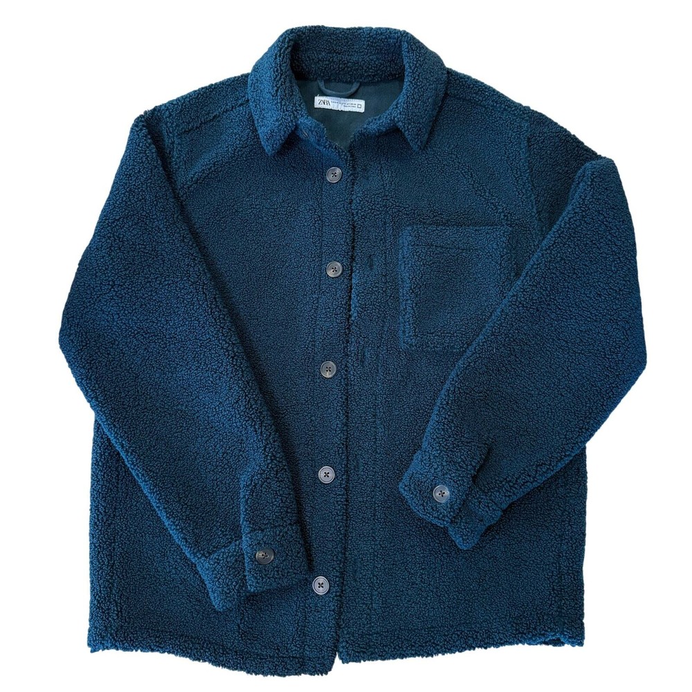 Zara Men's Dark Green Sherpa Button-Up Jacket Size S/M