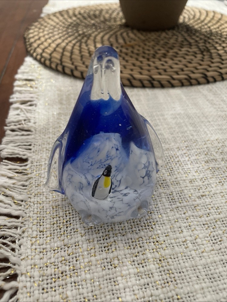 Murano Style Cobalt Penguin Art Glass Figurine Paperweight 6”