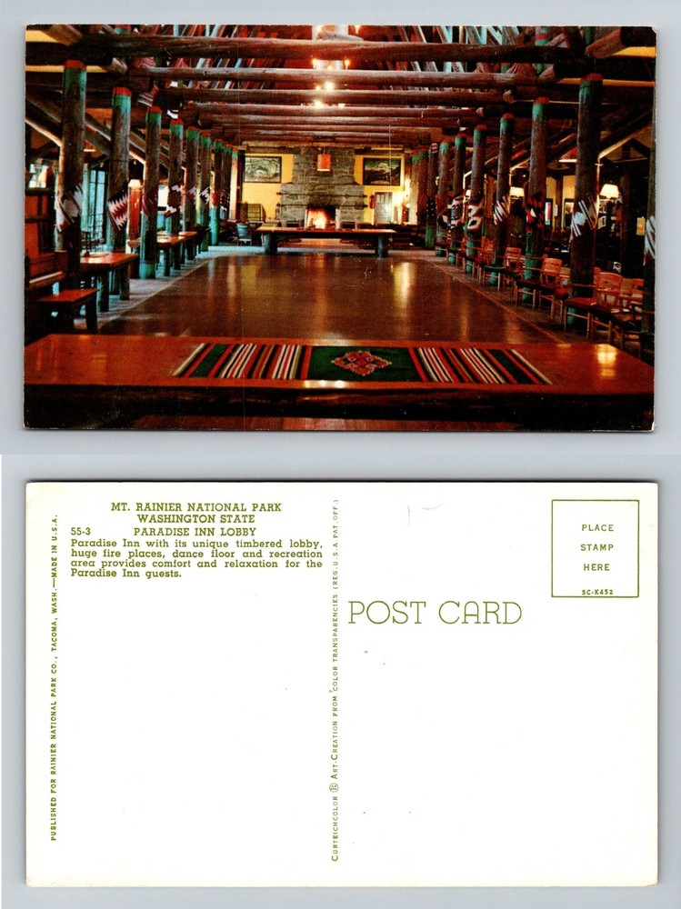 Mt. Rainier WA-Washington Paradise Inn Timbered Lobby Fireplace Vintage Postcard
