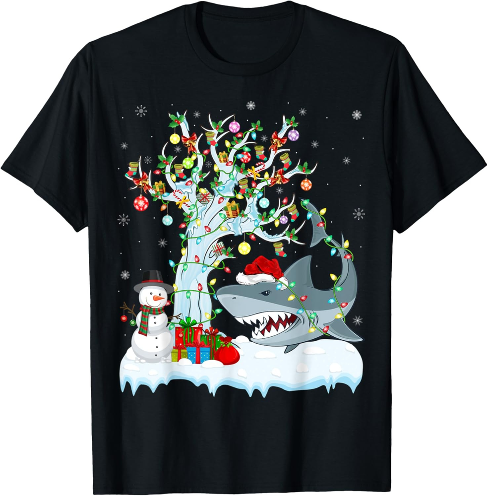 Xmas Tree Lighting Santa Hat Great White Shark Christmas T-Shirt