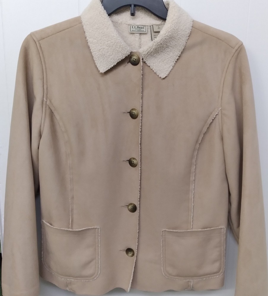 Womens LL Bean Tan Collared Sherpa Lined  Button-Up Jacket Coat Large