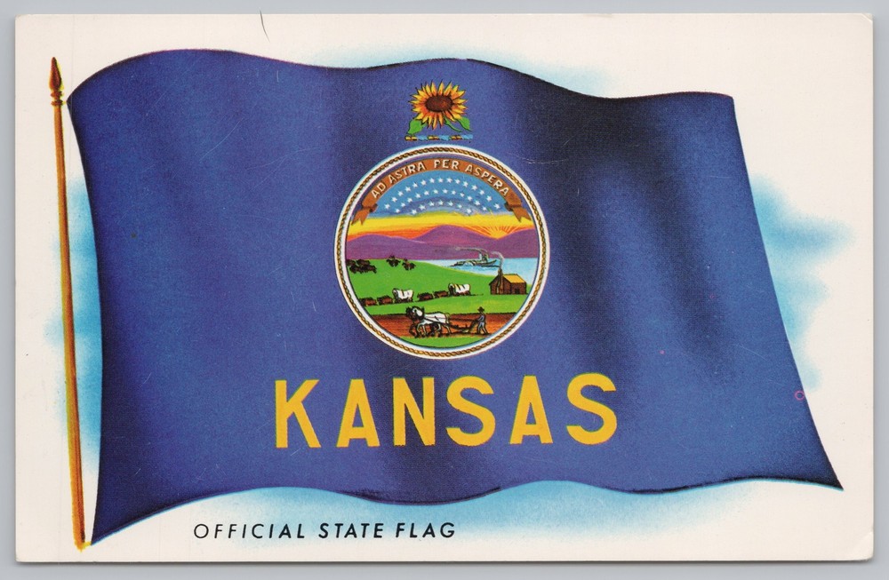 Official Kansas State Flag~Wavy~Blue~Great Seal & Crest Symbol Of History~Vtg PC