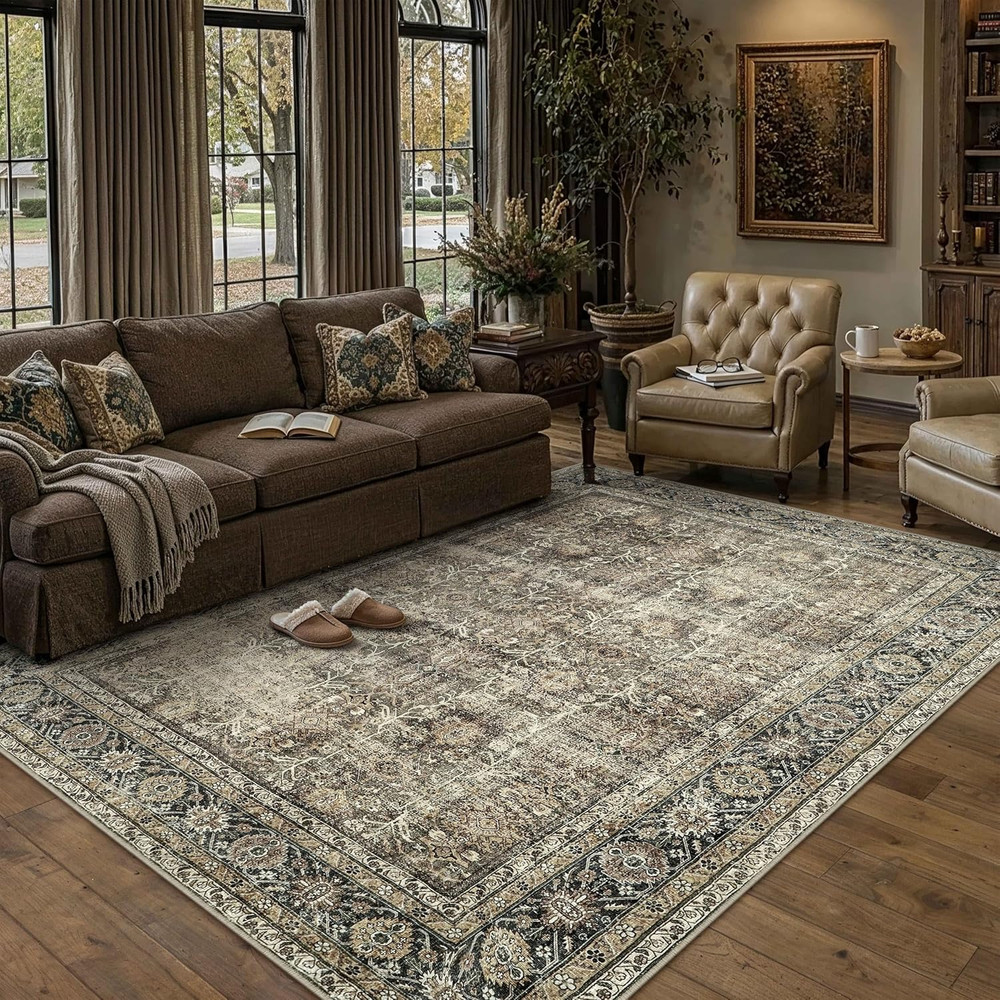 Vintage Area Rug 5X7 Brown Washable Living Room Large Carpet Non Slip Bedroom In