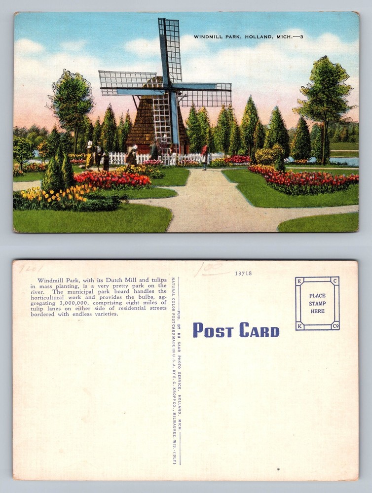 Holland, MI-Michigan, Windmill Park Tulip Garden Scene Old Vintage Postcard