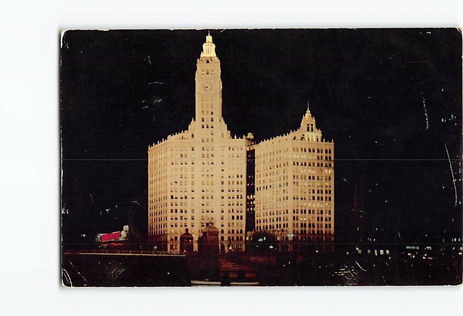 Postcard Wrigley Building at Night Chicago Illinois USA North America