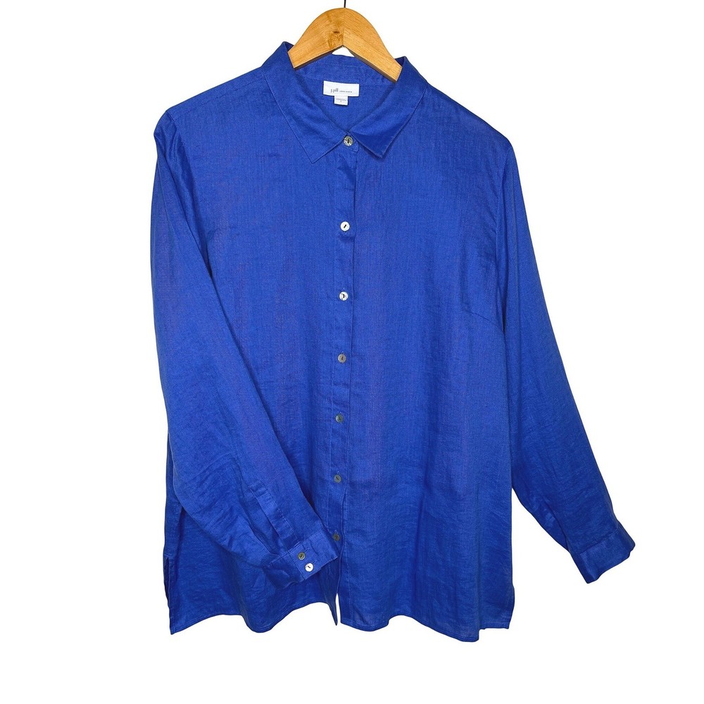 J Jill Love Linen Button Up Shirt Large L Blue Coastal Beach Relaxed Blouse