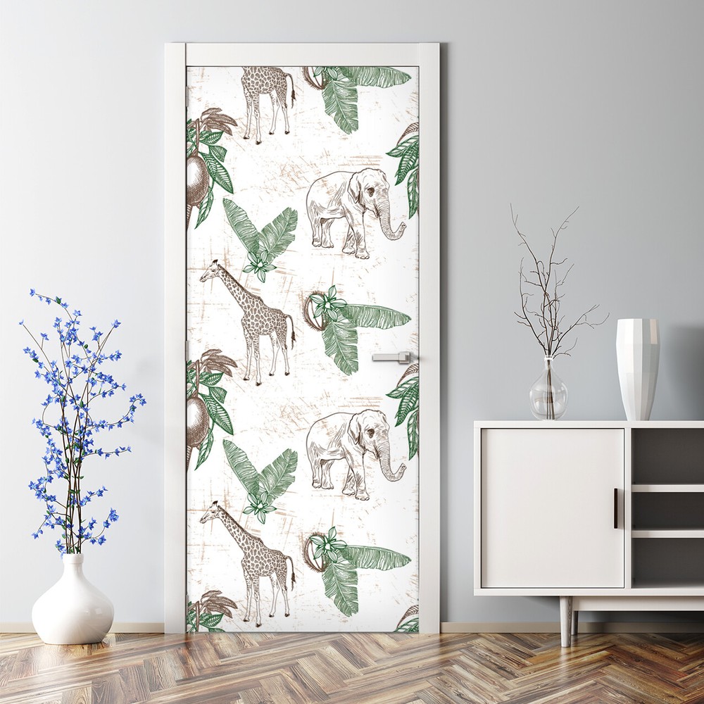 Door sticker decal Giraffe and Elephant Pattern Animals Palm leaves and coconut