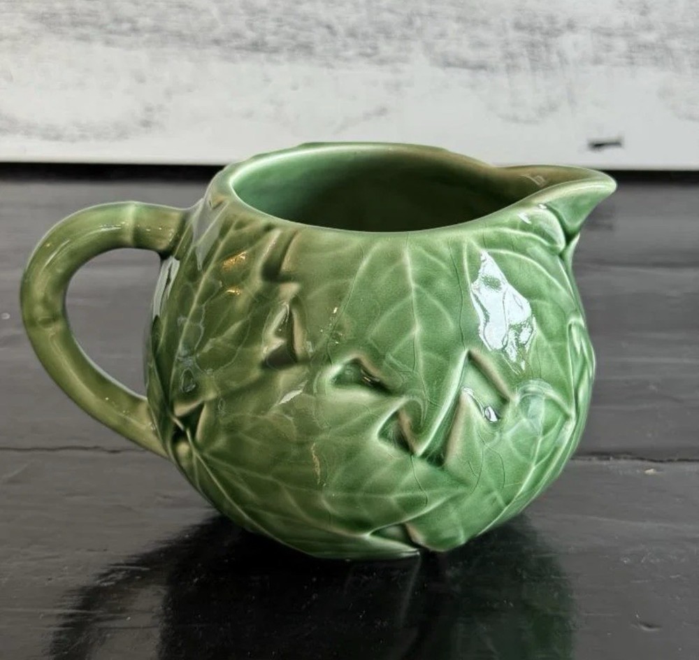 Vintage Bordallo Pinheiro Vine Green Leaf Creamer Pitcher Majolica Portugal