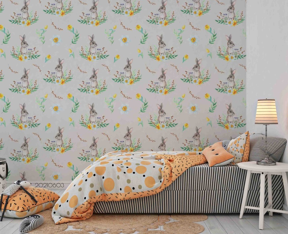 3D Rabbit Flowers Watercolor Pattern Wall Murals Wallpaper Murals Wall Sticker