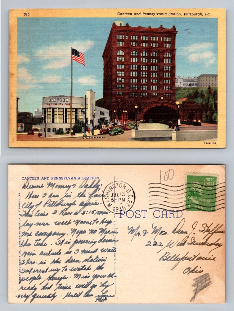 Pittsburgh, PA-Pennsylvania, Canteen & PA Train  Station Vintage c1945 Postcard