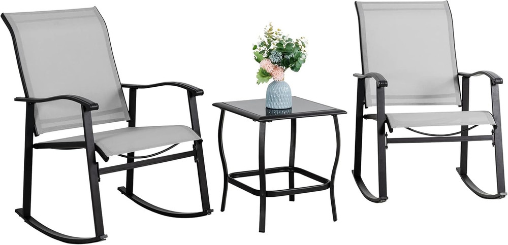 Vongrasig 3 Piece Outdoor Rocking Bistro Set, Textilene Fabric Small Patio Furni