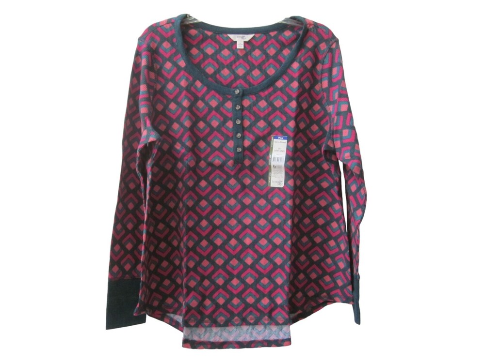 NWT TERRA & SKY Green Pink Geo Waffle Weave Semi Fitted Long Sleeve Shirt Sz 1X