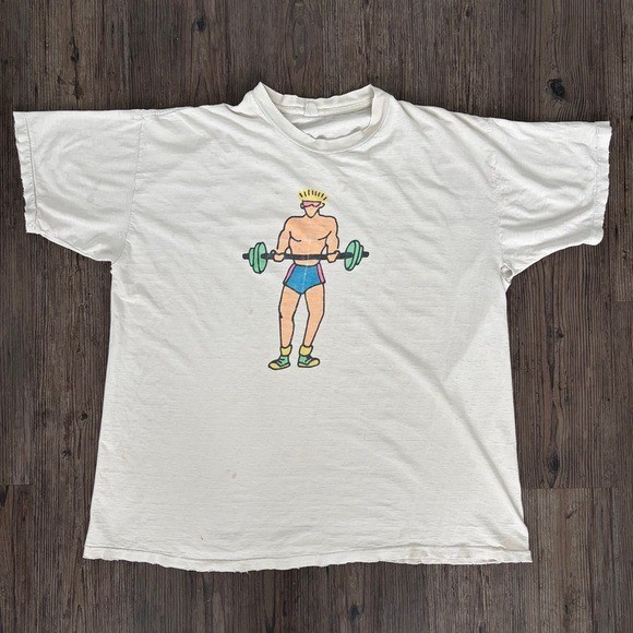 VINTAGE 90S CARTOON BODYBUILER GRAPHIC WHITE SINGLE STITCH TSHIRT MENS XXL