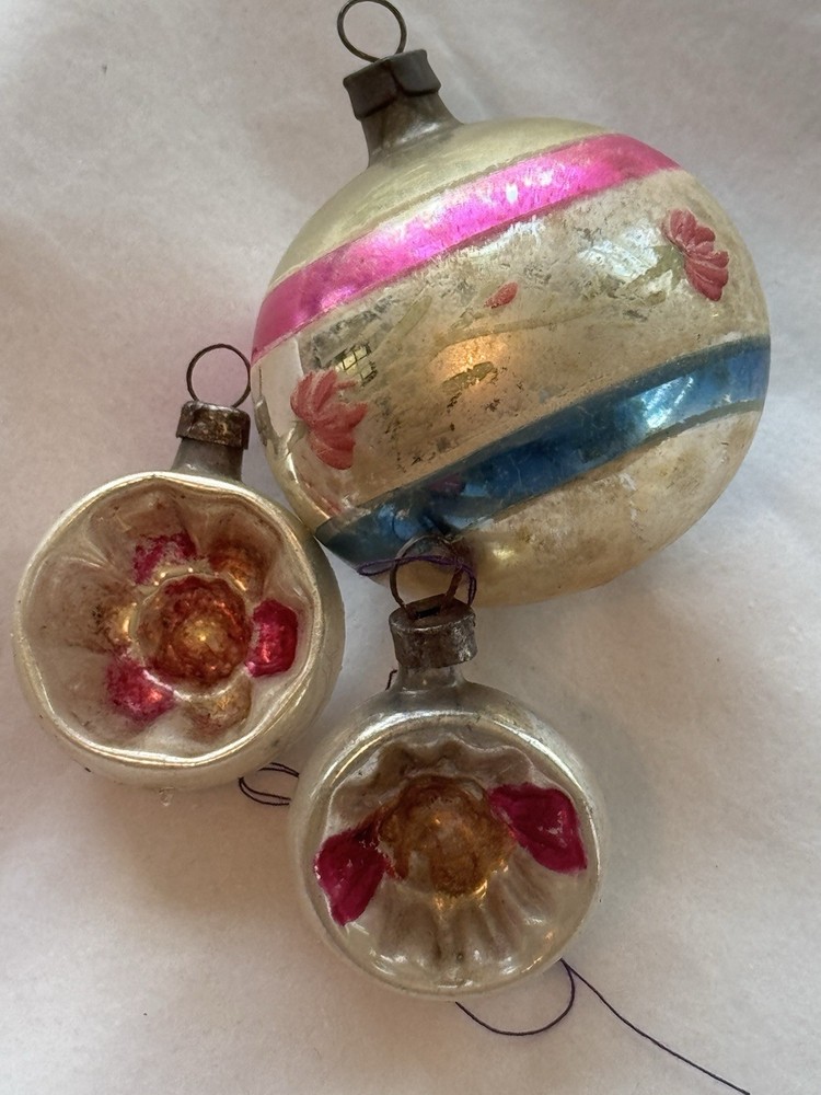 Vintage Mercury Glass Painted Poland Indent Teardrop & Round Striped Ornaments