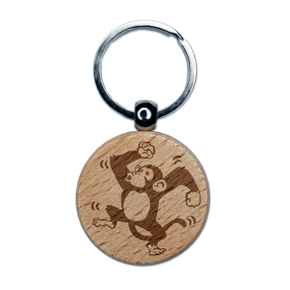 Fun Dancing Monkey Engraved Wood Round Keychain Tag Charm