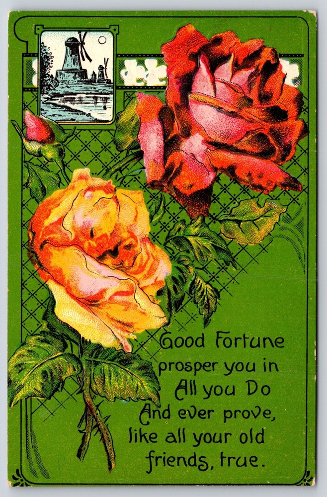 Greetings~Red & Yellow Roses Good Fortune Prosper You~Vintage Postcard