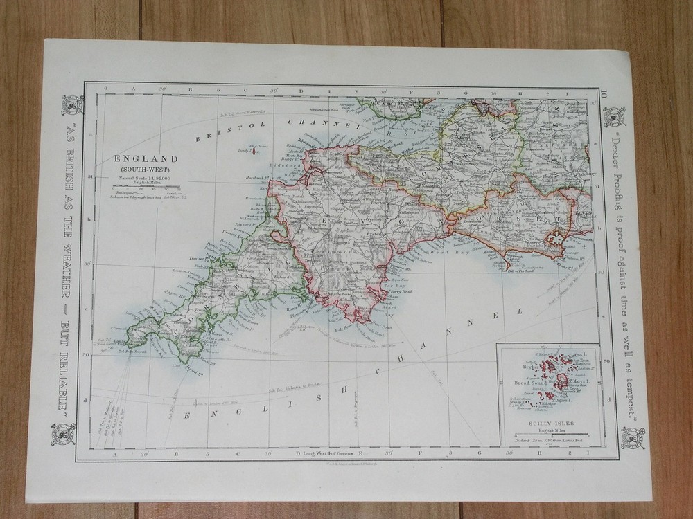 1921 Antique Map Of Cornwall Devon Dorset Sommerset / York Lincoln England