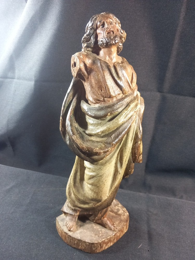 Polychrome Carved Wood Saint Figurine 17th 18th Century Catholic Devotion