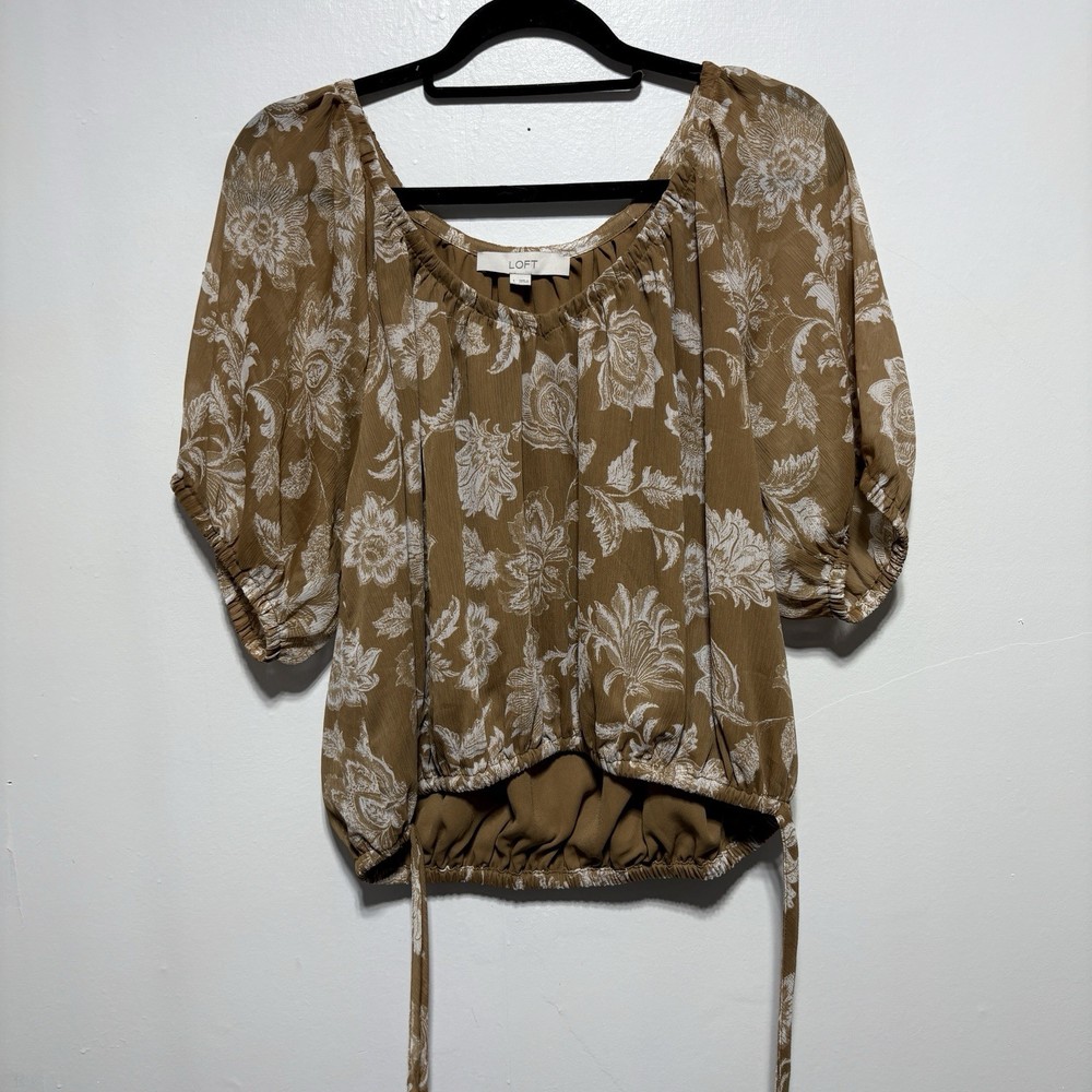 LOFT Blouse Womens L Tan Floral Puffed Sleeve Peasant Bubble Hem Top