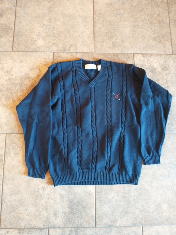 Men's Large John Ashford Golf Navy Blue V neck Long Sleeve Sweater 100% cotton