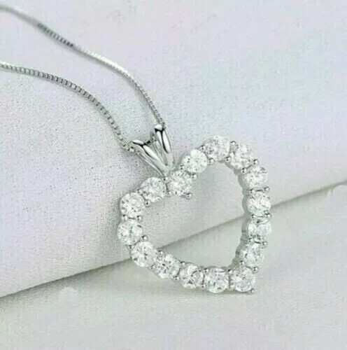 2Ct Round Cut Lab Created Diamond Heart Pendant Necklace 14K White Gold Plated