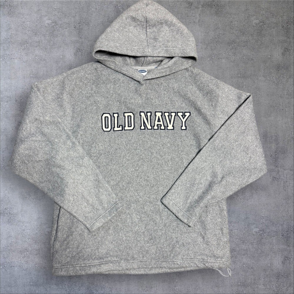 Vintage Old Navy Sweatshirt Mens L Gray Hoodie Fleece Spellout Logo Y2K Sweater