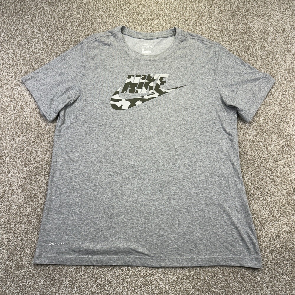 The Nike Tee Shirt Dri Fit Mens XL Gray Camo Center Swoosh Spellout Short Sleeve