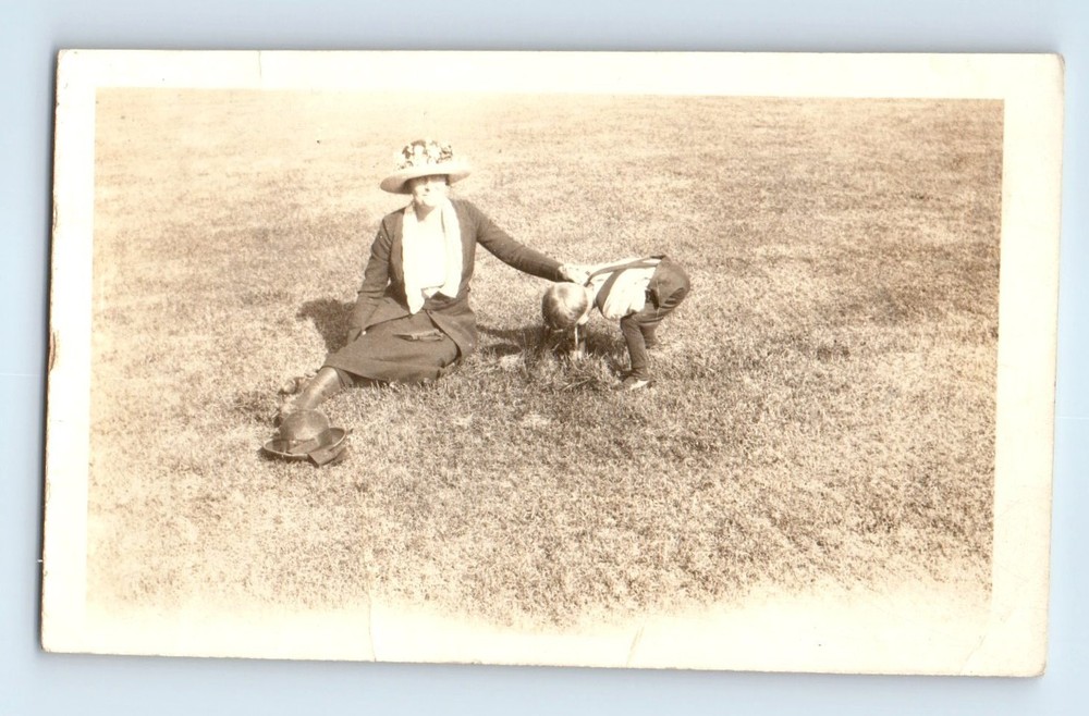 Old Vintage Photo WOMAN AND BOY DRINKING FROM FAUCET IN FIELD FUNNY SNAPSHOT