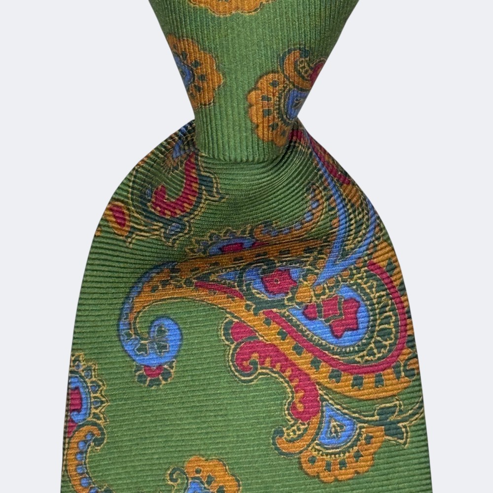 Etro Milano Twill Tie Silk Paisley Pattern Necktie On Green Color Made In Italy