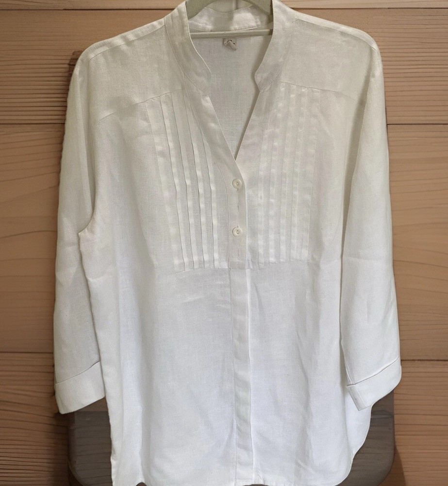 JM Collection size 12 White 100% Linen Blouse Long Roll Tab Sleeve