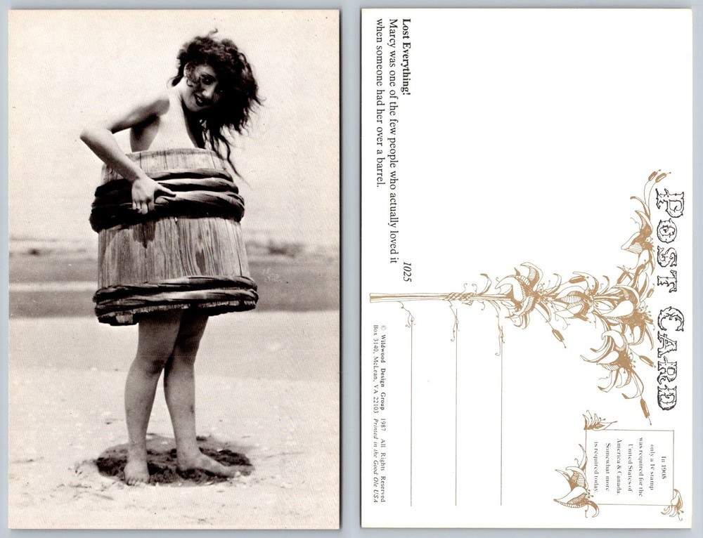 Vintage Style Risque Humorous Postcard - Woman in Barrel on Beach 1987