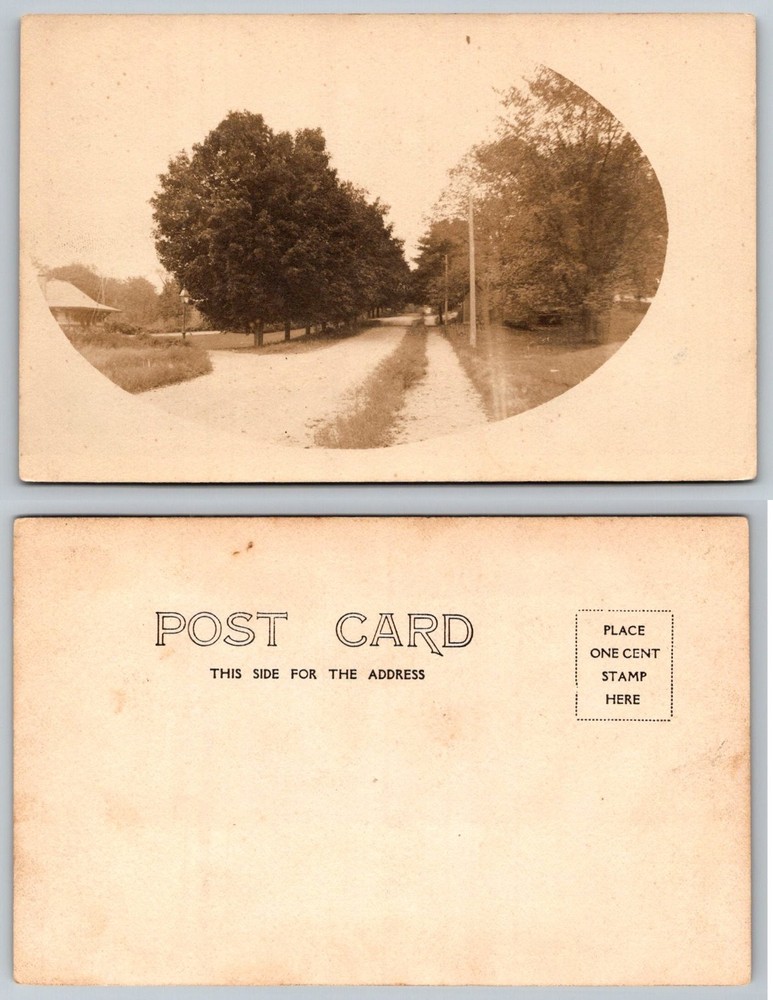 RPPC Road Lined with Trees & Building Early 1900s Sepia Real Photo Postcard