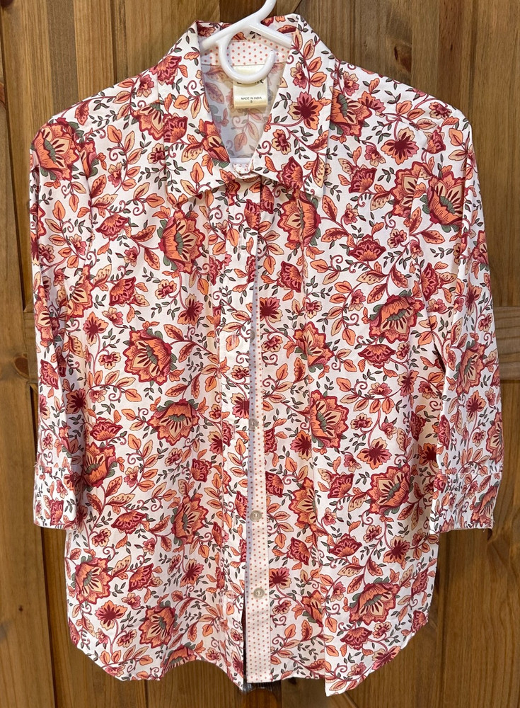 Blair Floral Button Front Shirt Women’s Small 3/4 Sleeve Orange Pink Print