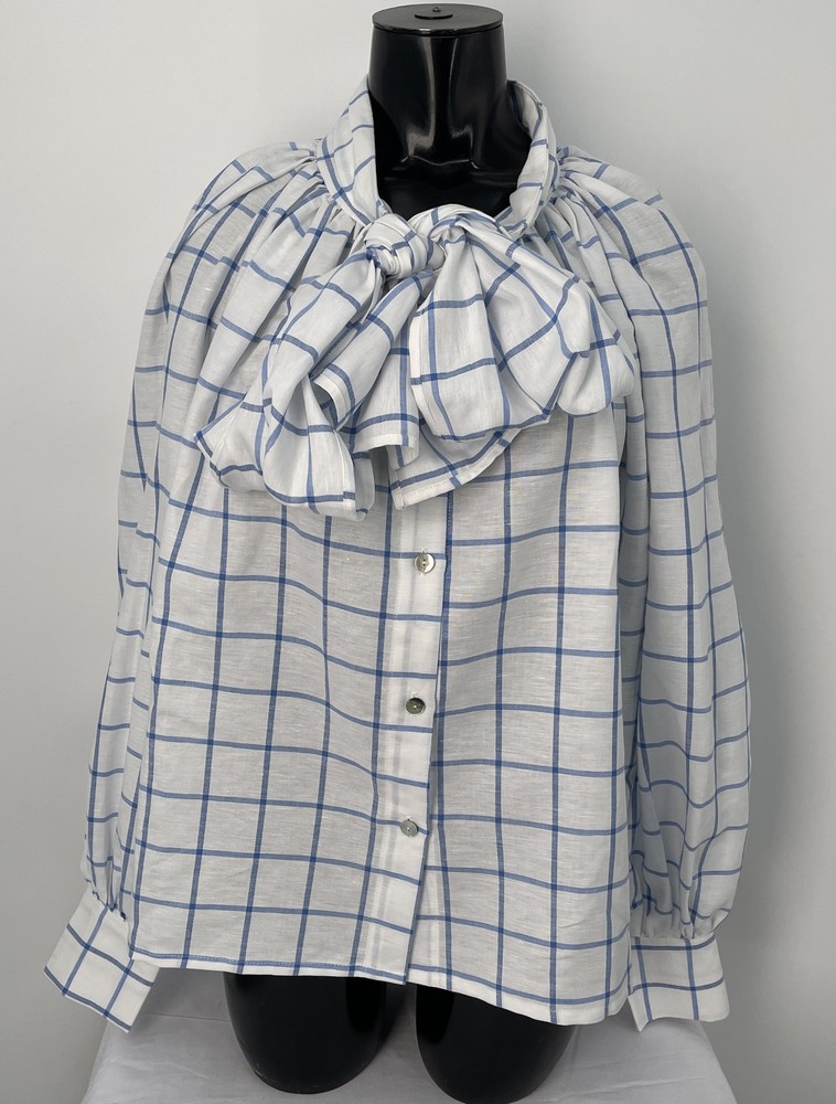 Niutt Womens One Size Blue & White Long Puff Sleeve Button Up Bow Neck Cotton