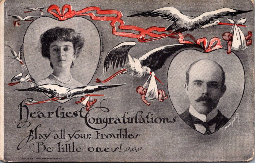 1908 Heartiest Congratulations Stork Baby Postcard Yonkers NY Postmark